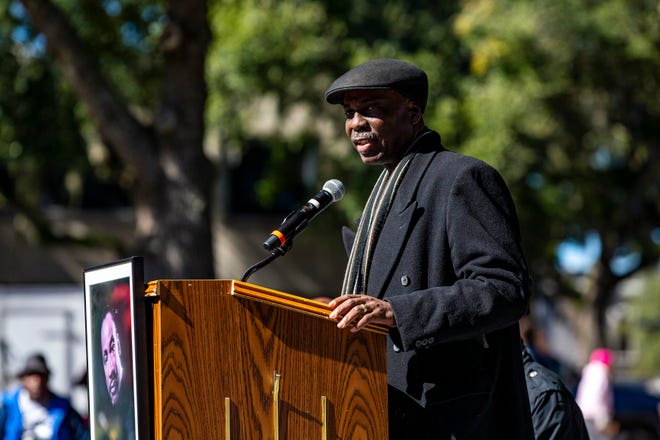 Rodney Long speaks during the Martin Luther King Jr. celebration event at Bo Diddley Plaza on January 21, 2019. Long, founder and president of the MLK Commission of Florida Inc., will be inducted into the commission's hall of fame on Sunday.

[Lauren Bacho/Staff Photographer]