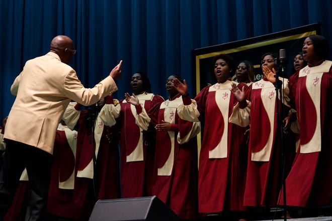 Members of the Bethune-Cookman Gospel Choir perform in the Martin Luther King Multipurpose Center in Gainesville Fla. as part of the 2020 King Celebration on Jan. 20, 2020. [Sam Thomas/The Gainesville Sun]