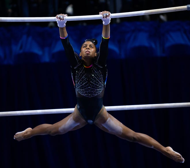 Florida’s Anya Pilgrim performs on the uneven bars. The Florida Gators hosted Fisk, Georgia Washington and Talladega in a quad meet at Exactech Arena at The Stephen C O'Connell Center in Gainesville, FL on Friday, January 12, 2024. Fisk is the first HBCU to have a gymnastics program and are in second year of existence. [Doug Engle/Gainesville Sun]