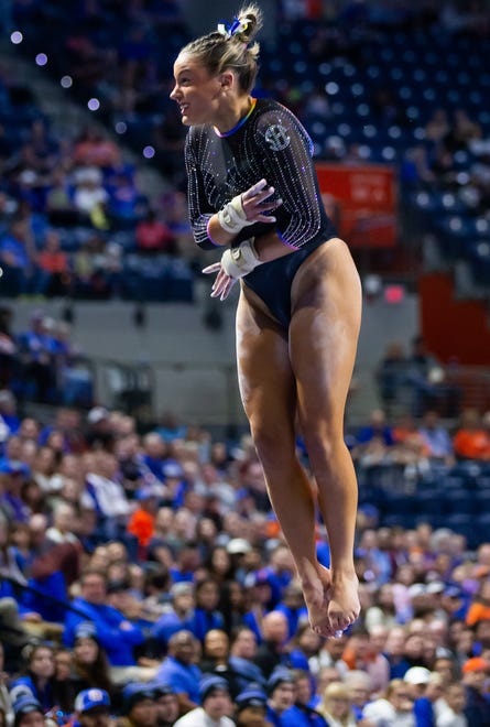 Florida’s Skylar Draser performs on the vault. The Florida Gators hosted Fisk, Georgia Washington and Talladega in a quad meet at Exactech Arena at The Stephen C O'Connell Center in Gainesville, FL on Friday, January 12, 2024. Fisk is the first HBCU to have a gymnastics program and are in second year of existence. [Doug Engle/Gainesville Sun]