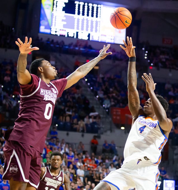 Florida Gators forward Tyrese Samuel (4) shoots over Mississippi State Bulldogs forward D.J. Jeffries (0) in the first half. The Florida men’s basketball team hosted the Mississippi State Bulldogs at Exactech Arena at the Stephen C. O’Connell Center in Gainesville, FL on Wednesday, January 24, 2024. [Doug Engle/Ocala Star Banner]