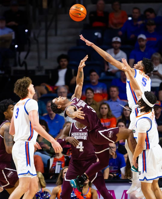 Mississippi State Bulldogs guard Shakeel Moore (3) falls backwards while shooting in the first half. The Florida men’s basketball team hosted the Mississippi State Bulldogs at Exactech Arena at the Stephen C. O’Connell Center in Gainesville, FL on Wednesday, January 24, 2024. [Doug Engle/Ocala Star Banner]