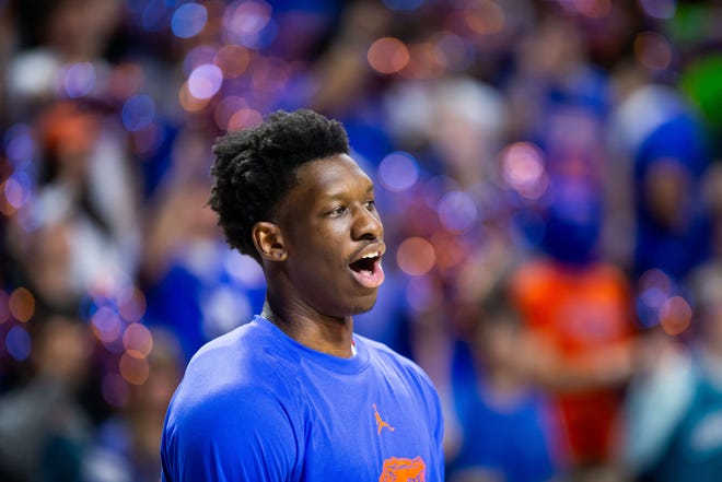 Florida Gators forward Tyrese Samuel (4) yells before the start of the game. The Florida men’s basketball team hosted the Mississippi State Bulldogs at Exactech Arena at the Stephen C. O’Connell Center in Gainesville, FL on Wednesday, January 24, 2024. [Doug Engle/Ocala Star Banner]