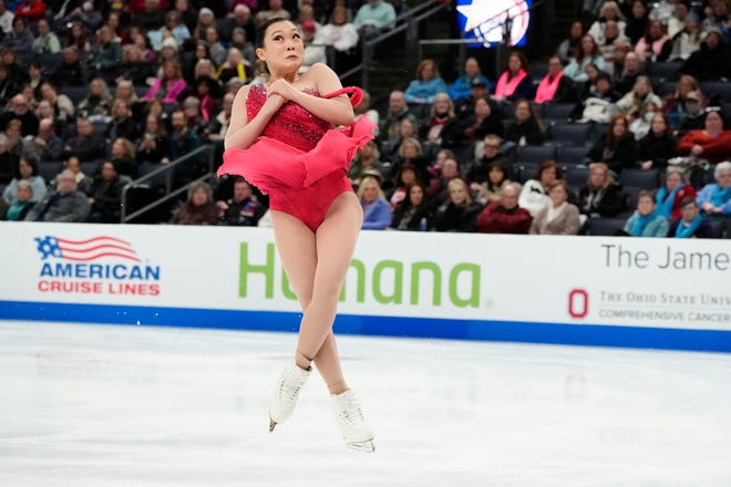 January 25, 2024: Audrey Shin skates in the championship women short program during the 2024 US Figure Skating Championships at Nationwide Arena in Columbus, Ohio.